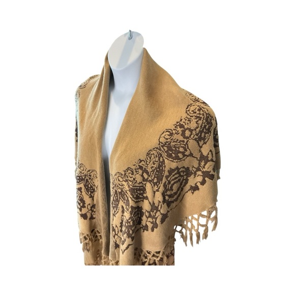 Raj Acrylic Paisley Boho Fringe Scarf Shawl Poncho Wrap Tan Brown - Picture 3 of 9